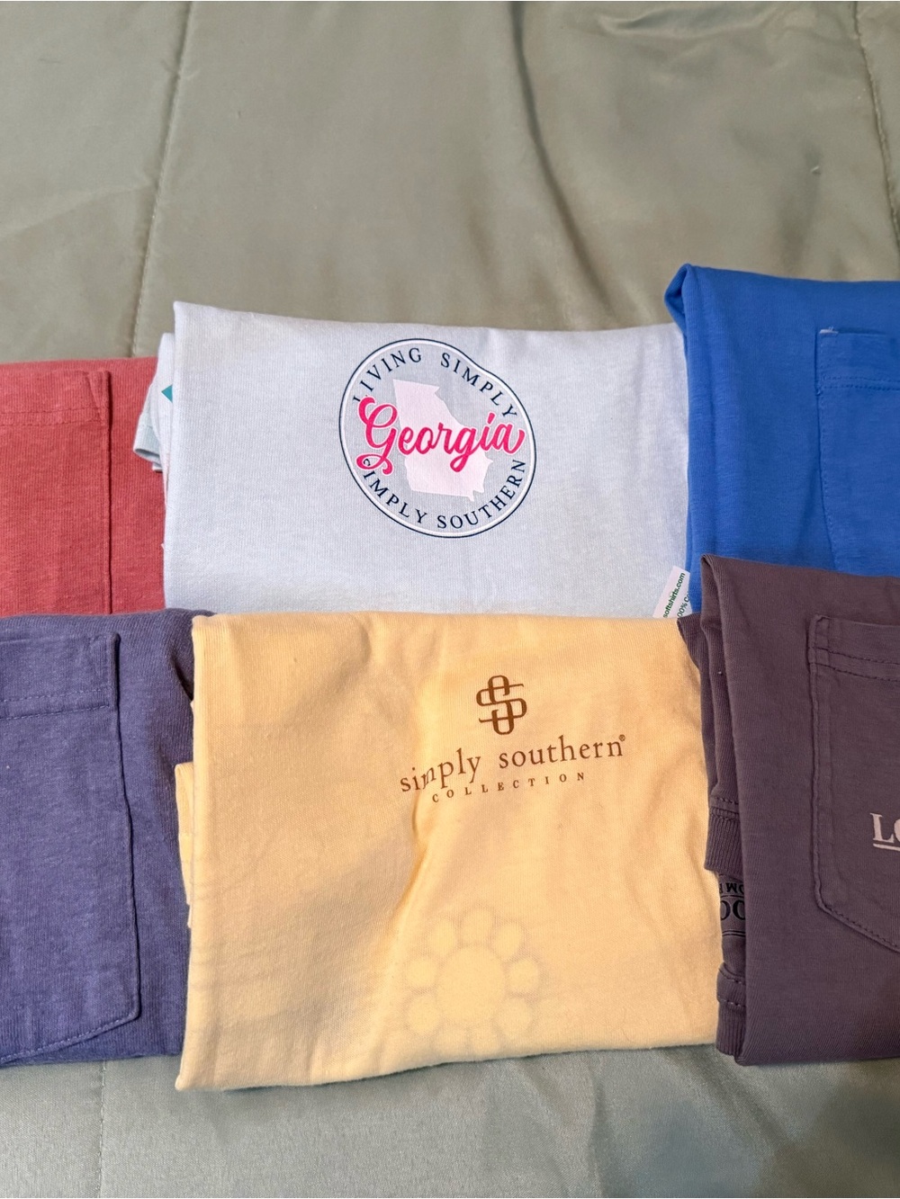 6 small T shirts Carhartt, Simply Southern, Lily Grace, Local Boy